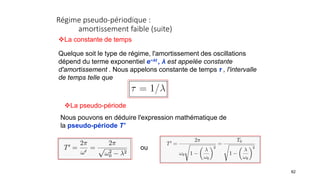 82
Régime pseudo-périodique :
amortissement faible (suite)
La constante de temps
Quelque soit le type de régime, l'amortissement des oscillations
dépend du terme exponentiel e−λt , λ est appelée constante
d'amortissement . Nous appelons constante de temps τ , l'intervalle
de temps telle que
La pseudo-période
Nous pouvons en déduire l'expression mathématique de
la pseudo-période T′
ou
 