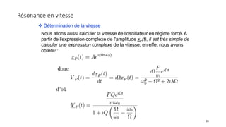 Résonance en vitesse
99
 Détermination de la vitesse
Nous allons aussi calculer la vitesse de l'oscillateur en régime forcé. A
partir de l'expression complexe de l'amplitude xP(t), il est très simple de
calculer une expression complexe de la vitesse, en effet nous avons
obtenu :
 