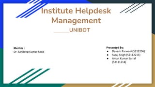Institute Helpdesk
Management
UNIBOT
Mentor :
Dr. Sandeep Kumar Sood
Presented By:
● Devesh Parwani (5212206)
● Suraj Singh (52112211)
● Aman Kumar Sarraf
(52111214)
 