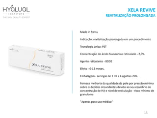 XELA REVIVE
REVITALIZAÇÃO PROLONGADA
Made in Swiss
Indicação: revitalização prolongada em um procedimento
Tecnologia única: PST
Concentração de ácido hialurónico reticulado - 2,0%
Agente reticulante - BDDE
Efeito - 6-12 meses.
Embalagem - seringas de 1 ml + 4 agulhas 27G.
Fornece melhoria da qualidade da pele por pressão mínima
sobre os tecidos circundantes devido ao seu equilíbrio de
concentração de HA e nível de reticulação - risco mínimo de
granuloma
"Apenas para uso médico"
15
 