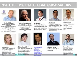 Dr. Daniel Sister
British College of Aesthetic
Medicine
World Society Interdisciplinary
Anti Aging Medicine
Royal Society of Medicine
(Fellow)
New York Academy of Sciences
Maurizio Ceccarelli MD,
SCD, PATH.CL.S, PROF
Director of the Centre for
Study and Research
in Aesthetic and
Physiological Medicine,
Italy
Dr. Reza Mia
MBBCh, MBA, MScFin,
General practitioner with
special focus in Aesthetic
Medicine, South Africa
Galina Naumchik
PhD, assistant professor of
dermatology, Head of the
Professor Yutkovskaya
School of Injection
Technologies, Russia
Ilia Meskhi
PhD General surgery Tbilisi
State Medical University Dean
of the School of Medicine at
New Vision University,
Professor of Clinical and Basic
Medicine, Georgia
Sharon Bennet
Chair of British Association of
Cosmetic Nurses (BACN),
Board member of UK
Academy of Aesthetic
Practitioners (UKAAP), United
Kingdom
Dr. Luis Chaiben
M.D, Ph.D – Aesthetic
Surgery, Director at
Chaiben and Chaiben
Cosmetic surgery
/Aesthetic Innovation,
Lebanon
Dr Martyn King
Director of Cosmedic
Skin Clinic
speaker at BCAM,
BACN, BAS, FACE,
CCR
Prof. Aleksander
Turkevich
Professor in
Dermatology at
Rome University
"G. Marconni"
Dr Andre Borba
Professor at Sao Paulo
University
INSTITUTE HYALUAL GLOBAL AMBASSADORS
 