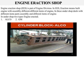 ENGINE ERACTION SHOP
Engine eraction shop (EES) is part of Engine Division. In EES, Eraction means built
engine with assembly different-different items of engine, In these under shop deals with
different items parts assembly and different items of engine.
In under shop two types Engine eracted;
1. ALCO 2. GM
 