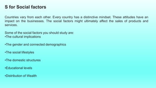 S for Social factors
Countries vary from each other. Every country has a distinctive mindset. These attitudes have an
impact on the businesses. The social factors might ultimately affect the sales of products and
services.
Some of the social factors you should study are:
•The cultural implications
•The gender and connected demographics
•The social lifestyles
•The domestic structures
•Educational levels
•Distribution of Wealth
 
