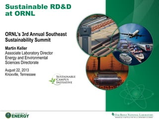 Sustainable RD&D
at ORNL
ORNL’s 3rd Annual Southeast
Sustainability Summit
Martin Keller
Associate Laboratory Director
Energy and Environmental
Sciences Directorate
August 22, 2013
Knoxville, Tennessee
 