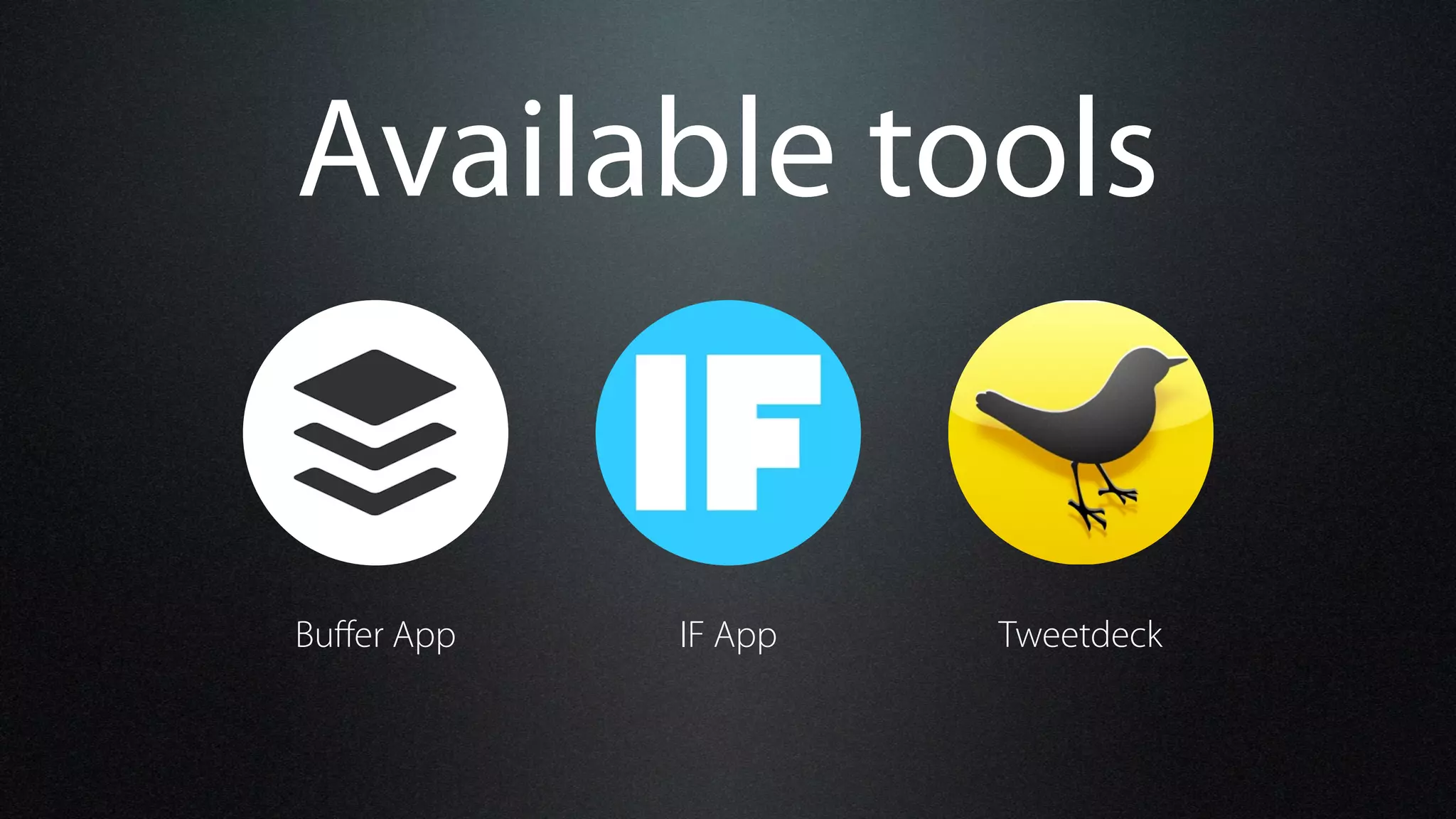 Available tools
Buﬀer App IF App Tweetdeck
 
