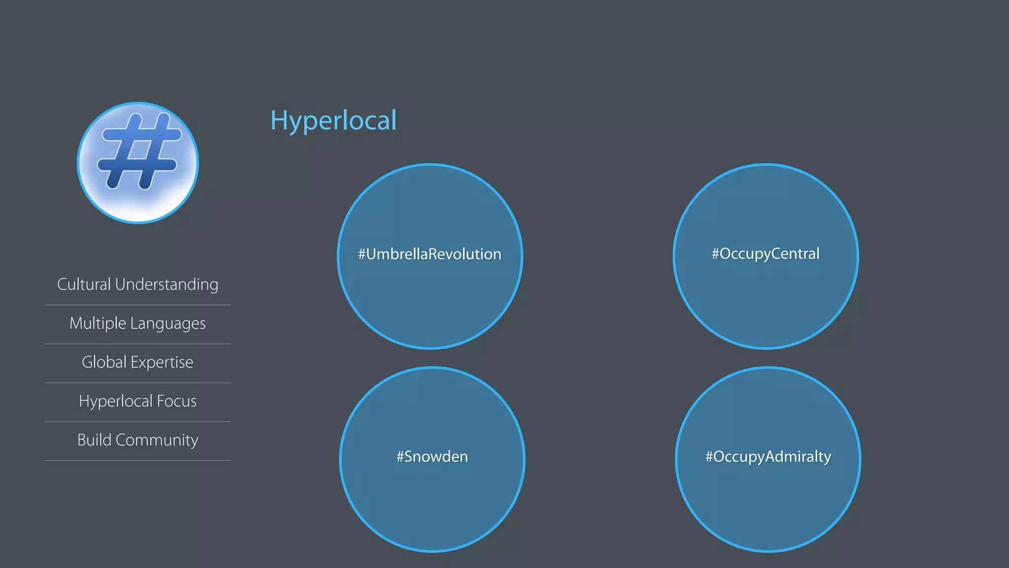 Cultural Understanding
Multiple Languages
Global Expertise
Hyperlocal Focus
Build Community
#UmbrellaRevolution #OccupyCentral
#Snowden #OccupyAdmiralty
Hyperlocal
 