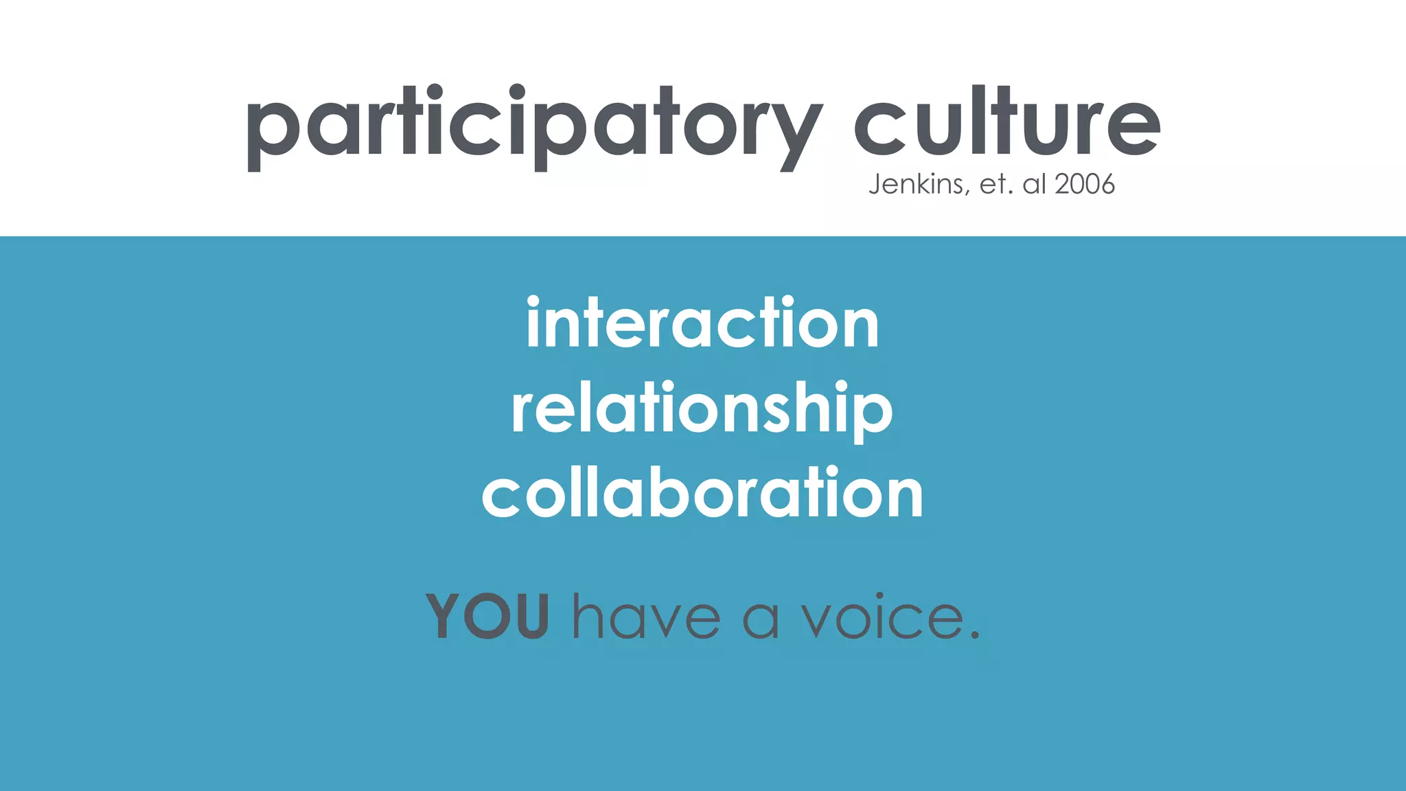 participatory cultureJenkins, et. al 2006
interaction
relationship
collaboration
YOU have a voice.
 