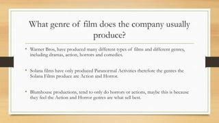 What genre of film does the company usually
produce?
• Warner Bros, have produced many different types of films and different genres,
including dramas, action, horrors and comedies.
• Solana films have only produced Paranormal Activities therefore the genres the
Solana Films produce are Action and Horror.
• Blumhouse productions, tend to only do horrors or actions, maybe this is because
they feel the Action and Horror genres are what sell best.
 