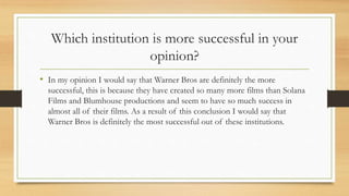 Which institution is more successful in your
opinion?
• In my opinion I would say that Warner Bros are definitely the more
successful, this is because they have created so many more films than Solana
Films and Blumhouse productions and seem to have so much success in
almost all of their films. As a result of this conclusion I would say that
Warner Bros is definitely the most successful out of these institutions.
 