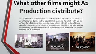 What other films might A1
Production distribute?
Two real films that could be distributed by A1 Production is kidulthood and adulthood
as both are urban dramas centred around British gangs and the British youth, just like
A-Town Boys. Both these films were also made entirely in the UK so it would make
sense for a UK distribution company to distribute them. Kidulthood and Adulthood are
independently made films so they would likely be distributed by a smaller distribution
company like A1 Production.
 