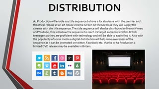 DISTRIBUTION
A1 Production will enable my title sequence to have a local release with the premier and
theatrical release at an art-house cinema Screen on the Green as they will supply the
cinema with the title sequence.The title sequence will also be distributed online onVimeo
andYouTube, this will allow the sequence to reach its target audience which is British
teenagers as they are proficient with technology and will be able to easily find it.Also with
the popularity of social media a digital distribution will help raise awareness of the
sequence as it can be promoted on twitter, Facebook etc. thanks to A1 Production a
limited DVD release may be available in Britain.
 