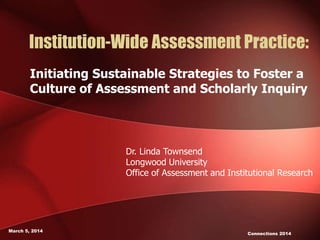 Institution-Wide Assessment Practice:
Initiating Sustainable Strategies to Foster a
Culture of Assessment and Scholarly Inquiry

Dr. Linda Townsend
Longwood University
Office of Assessment and Institutional Research

March 5, 2014

Connections 2014

 