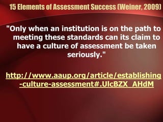 15 Elements of Assessment Success (Weiner, 2009)
"Only when an institution is on the path to
meeting these standards can its claim to
have a culture of assessment be taken
seriously."
http://www.aaup.org/article/establishing
-culture-assessment#.UlcBZX_AHdM

 