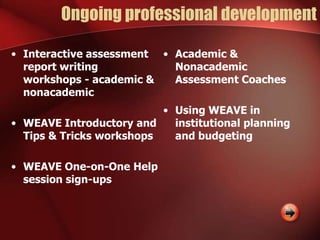 Ongoing professional development
• Interactive assessment • Academic &
report writing
Nonacademic
workshops - academic &
Assessment Coaches
nonacademic
• Using WEAVE in
• WEAVE Introductory and
institutional planning
Tips & Tricks workshops
and budgeting
• WEAVE One-on-One Help
session sign-ups

 