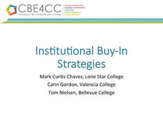 Ins$tu$onal  Buy-­‐In  
Strategies
Mark	
  Cur(s-­‐Chavez,	
  Lone	
  Star	
  College	
  
Carin	
  Gordon,	
  Valencia	
  College	
  
Tom	
  Nielsen,	
  Bellevue	
  College	
  
 