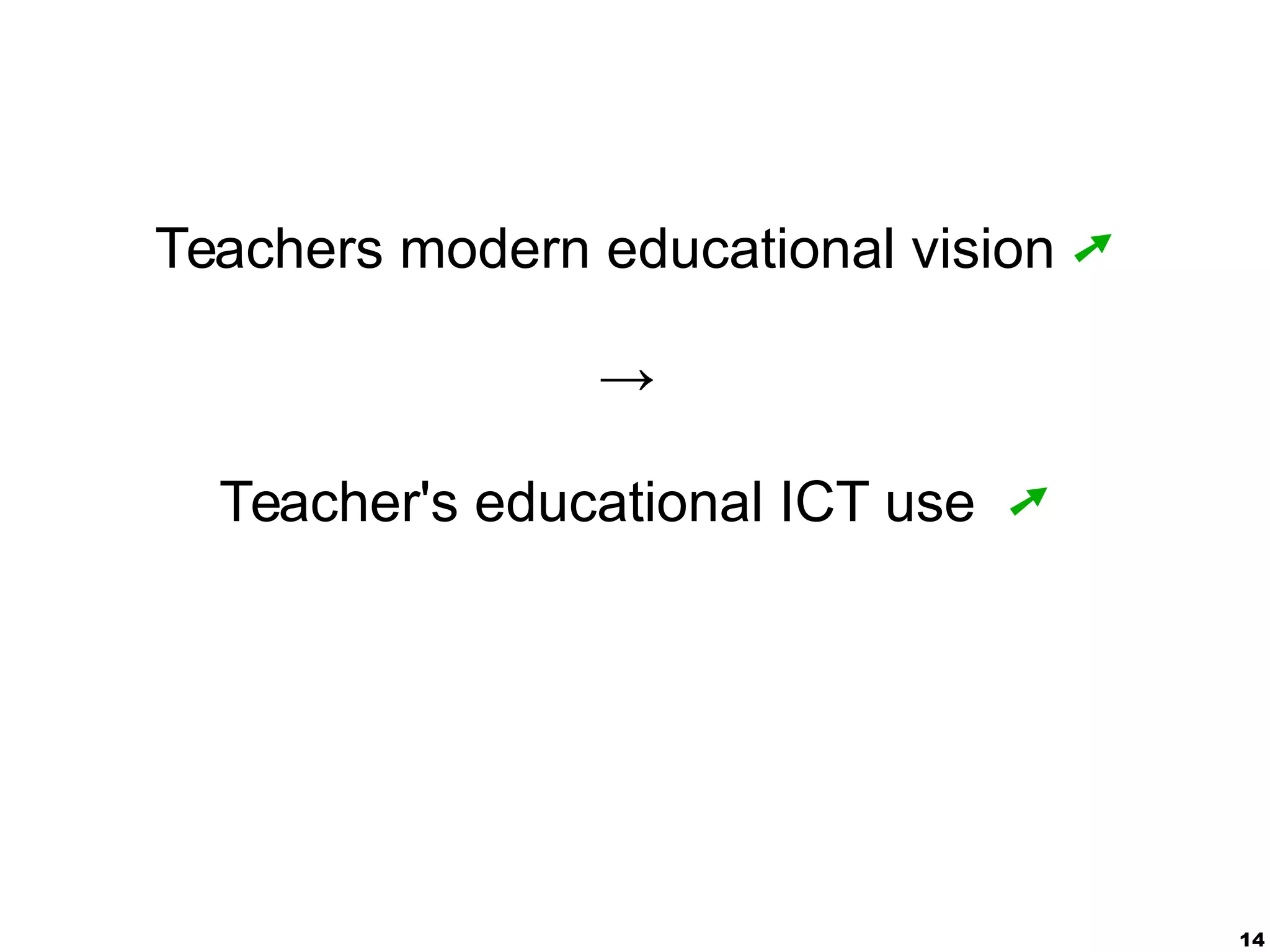 14
Teachers modern educational vision 
→
Teacher's educational ICT use 
 