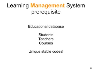 34
Learning Management System
prerequisite
Educational database
Students
Teachers
Courses
Unique stable codes!
 