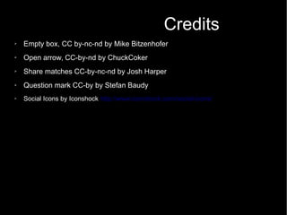 Credits
➢ Empty box, CC by-nc-nd by Mike Bitzenhofer
➢ Open arrow, CC-by-nd by ChuckCoker
➢ Share matches CC-by-nc-nd by Josh Harper
➢ Question mark CC-by by Stefan Baudy
➢ Social Icons by Iconshock http://www.iconshock.com/social-icons/
 
