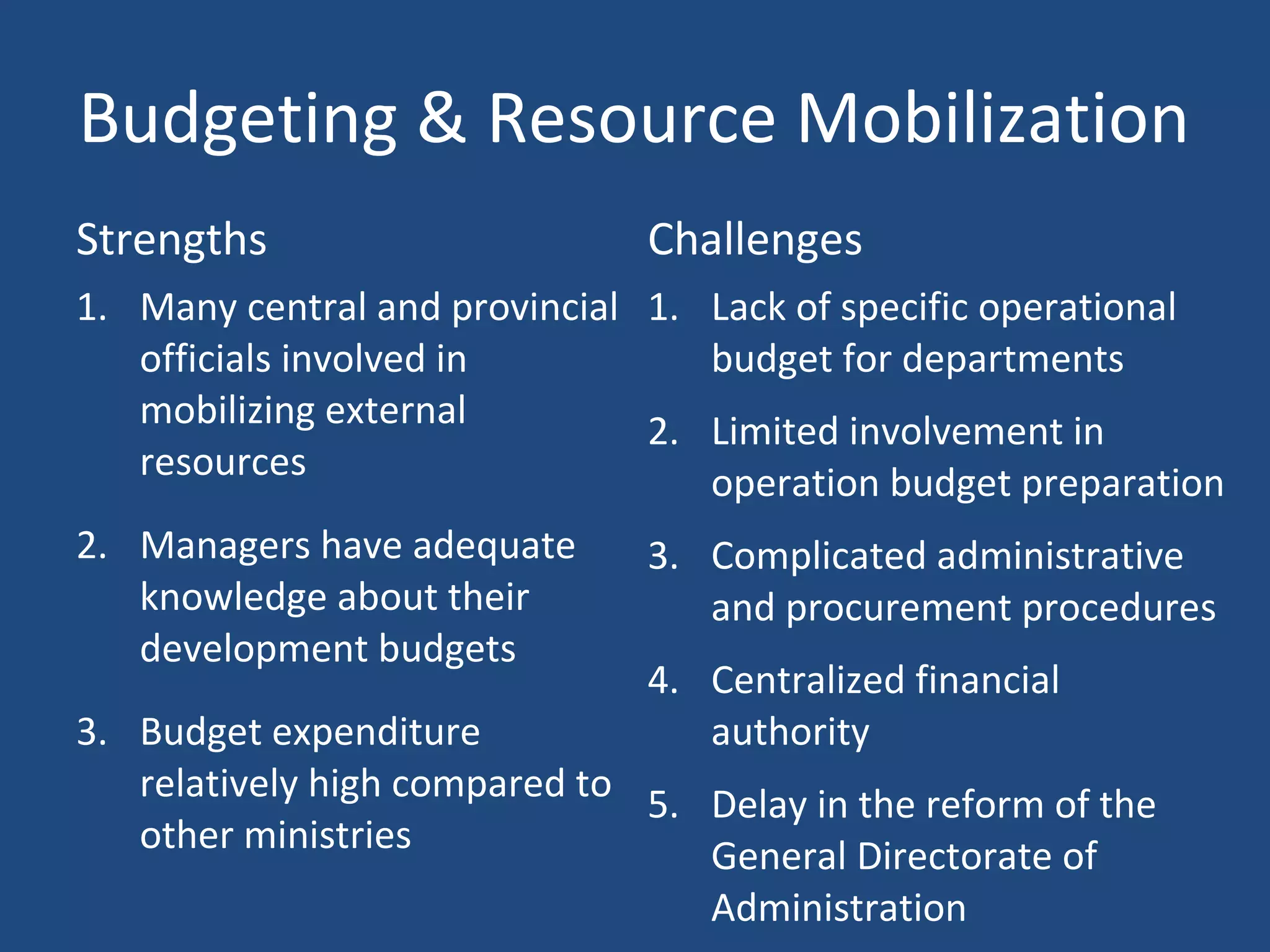 Budgeting & Resource Mobilization
Strengths Challenges
1. Many central and provincial
officials involved in
mobilizing external
resources
2. Managers have adequate
knowledge about their
development budgets
3. Budget expenditure
relatively high compared to
other ministries
1. Lack of specific operational
budget for departments
2. Limited involvement in
operation budget preparation
3. Complicated administrative
and procurement procedures
4. Centralized financial
authority
5. Delay in the reform of the
General Directorate of
Administration
 
