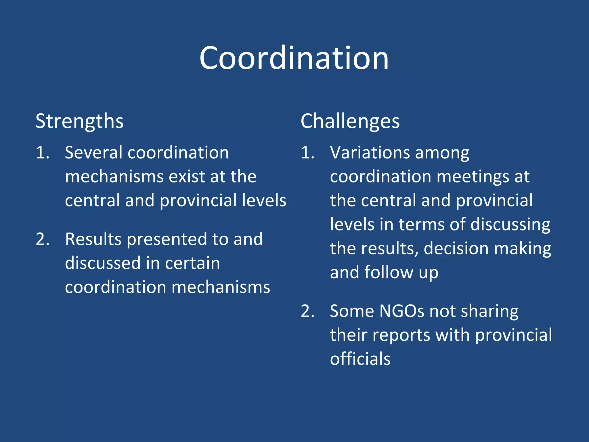 Coordination
Strengths Challenges
1. Several coordination
mechanisms exist at the
central and provincial levels
2. Results presented to and
discussed in certain
coordination mechanisms
1. Variations among
coordination meetings at
the central and provincial
levels in terms of discussing
the results, decision making
and follow up
2. Some NGOs not sharing
their reports with provincial
officials
 