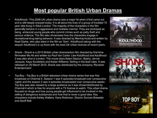 Most popular British Urban Dramas
• Kidulthood– This 2006 UK urban drama was a major hit when it first came out
and is still deeply enjoyed today. It is all about the lives of a group of troubled 15
year olds living in West London. The majority of the characters in the film
generally behave in a aggressive and reckless manner. They are portrayed as
being antisocial young people who commit crimes such as petty theft and
serious violence. The film also showcases how the characters engage in
recreational drug taking behavior. It was directed by Menhaj Huda and written by
Noel Clarke, who also stars in the film as ‘Sam’. Kidulthood (along with the
sequel ‘Adulthood’) is up there with the best UK Urban dramas of recent years.
• Shank - Shank is a 2010 British urban drama/action film directed by first-time
filmmaker Mo Ali and written by Paul Van Carter. Like Kidulthood and Adulthood
it was also shot in London. The movie stars Adam Deacon, Bashy, Jennie
Jacques, Kaya Scodelario and Kedar Williams- Stirling in the lead roles. It was
released on 26 March 2010. Shank was distributed by the company ‘Revolver
Entertainment’.
• Top Boy - Top Boy is a British television Urban drama series that was first
broadcast on Channel 4. Season 1 was 4 episodes broadcast over consecutive
nights and the season 2 was 4 episodes broadcasted over consecutive weeks.
Top Boy was also viewed by a large audience as it was shown/distributed by
Channel 4 which is free for anyone with a TV license to watch. This urban drama
focused on drugs and how young people get influenced to be involved in the
selling of dangerous substances and how that is never a good idea. Key
characters include Ashley Walters, Kane Robinson, Sharon Duncan Brewster
and Geoff Bell.
 
