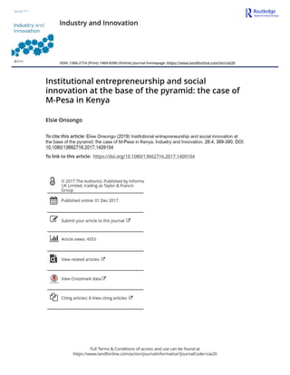 Institutional Entrepreneurship and Social Innovation at the Base of the Pyramid : The Case of M-pesa in Kenya