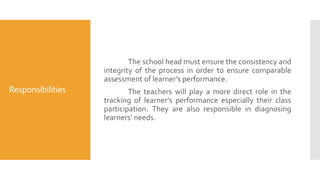 Responsibilities
The school head and teachers are involved in
tracking school’s performance based on the four
performance ...