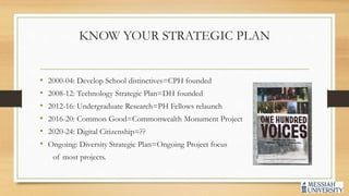 KNOW YOUR STRATEGIC PLAN
• 2000-04: Develop School distinctives=CPH founded
• 2008-12: Technology Strategic Plan=DH founded
• 2012-16: Undergraduate Research=PH Fellows relaunch
• 2016-20: Common Good=Commonwealth Monument Project
• 2020-24: Digital Citizenship=??
• Ongoing: Diversity Strategic Plan=Ongoing Project focus
of most projects.
 