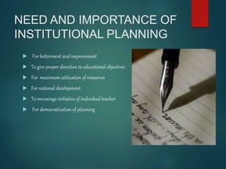 NEED AND IMPORTANCE OF
INSTITUTIONAL PLANNING
 For betterment and improvement
 To give proper direction to educational objectives
 For maximum utilization of resources
 For national development
 To encourage initiative of individual teacher
 For democratization of planning
 