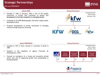 12/37Investor Relations | 1Q17 |
Strategic Partnerships
About DEG
About PROPARCO
Group Structure
Group Structure
DEG and PROPARCO
 Founded in 1962 in Germany, DEG is one of the largest
institutions in Europe that contribute to growth and
development of private companies in emerging market
 It belongs to the KFW Bankengruppe, Germany's largest public
development bank
 Promotes development of private enterprises in emerging
markets through long-term financing
Consolidated Assets
EUR 5.8 billion
December, 2016
 Founded in 1977 in Paris, started it´s activities in Brazil in
2006
 Proparco is the subsidiary of Agence Francaise de
Dévelopement ( AFD)
 Focused on emergence of a strong and innovative private
sector with aim of supporting growth and sustainability in
Emerging Market
Consolidated Assets
EUR 5.4 billion
December, 2016
57%
French
Financial
Institutions
International
Financial
Organisations
French
Companies
Investment
funds &
Foundations
26% 13% 3% 1%
 