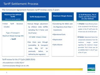 Tariff Settlement Process
9
Maximum Margin Review
•Considering the WACC over
the Regulatory Asset Base +
Investments
•Operational Costs
•Depreciation
•Sales Volume
Maximum Pre-defined
Tariffs
(discounts may be applied)
• Initial Tariff Structure
includes:
Tariffs Readjustments
•Annual Margin adjustment
by inflation index (IGPM)
excluding the X Factor and
the K Factor:
•Gas Costs pass through
(comoddity & transport)
every May 31st (or
eventually before, as
defined by the regulator).
In Tariff Reviews, The X
Factor and The K Factor
are also Defined
• X Factor: Fixed efficiency factor
to be considered in the PO annual
update. In this 3rd tariff cycle, the
X Factor was set at 0.82 per year.
•K Factor: Adjustment factor that
compensates deviations from the
maximum margin earned
regarding the maximum margin
permitted. The K Factor was set
at 0.009991 R$/m3 in the 4th year
of the 3rd cycle.
The Concession Agreement foresees tariff reviews every 5 years
P gas + P transport +
Maximum Margin Average (P0)
= Tariff
P0 * (IGPM – X Factor) + K Factor
Tariff review for the 3rd Cycle (2009-2014):
P0 established in 0.3052 R$/m3
Commercialization Margin set at 1.9%
 