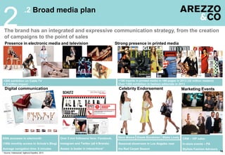 CRM – VIP sales
In-store events – PA
Stylists Fashion Advisors
.2 Broad media plan
2
14
The brand has an integrated and expressive communication strategy, from the creation
of campaigns to the point of sales
Strong presence in printed media
+100 inserts in printed media in 180 pages in 2013 (32 million readers)
Over 1350 exhibition in fashion editorials in 2013
Digital communication
Presence in electronic media and television
Demi Moore
Seasonal showroom in Los Angeles near
the Red Carpet Season
Celebrity Endorsement Marketing Events
830k accesses to site/month
(180k monthly access to Schutz’s Blog)
Average navigation time: 8 minutes
Gisele Bündchen Blake Lively
+200 exhibition on Cable TV
+ 3 million impact
* Source: Indexsocial/ Agência Espalhe, 2013
Over 3 mm followers/ fans: Facebook,
Instagram and Twitter (all 4 Brands)
Arezzo is leader in interactions*
 