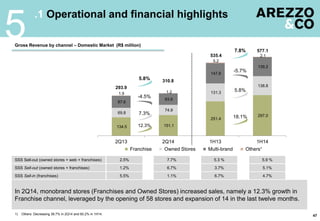 .1 Operational and financial highlights
5
47
Gross Revenue by channel – Domestic Market (R$ million)
134.5 151.1
251.4
297.0
69.8
74.9
131.3
138.8
87.6
83.6
147.6
139.2
1.9 1.2
5.2
2.1
293.9
310.8
535.4
577.1
2Q13 2Q14 1H13 1H14
Franchise Owned Stores Multi-brand Others¹
In 2Q14, monobrand stores (Franchises and Owned Stores) increased sales, namely a 12.3% growth in
Franchise channel, leveraged by the opening of 58 stores and expansion of 14 in the last twelve months.
SSS Sell-out (owned stores + franchises)
SSS Sell-in (franchises)
1) Others: Decreasing 38.7% in 2Q14 and 60.2% in 1H14.
SSS Sell-out (owned stores + web + franchises)
1.2%
5.5%
6.7%
1.1%
2.5% 7.7%
3.7%
6.7%
5.3 %
5.1%
4.7%
5.9 %
18.1%
5.8%
7.8%
12.3%
7.3%
5.8%
-4.5%
-5.7%
 