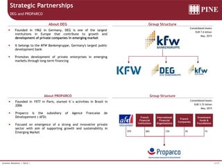 12/37Investor Relations | 3Q16 |
Strategic Partnerships
About DEG
About PROPARCO
Group Structure
Group Structure
DEG and PROPARCO
 Founded in 1962 in Germany, DEG is one of the largest
institutions in Europe that contribute to growth and
development of private companies in emerging market
 It belongs to the KFW Bankengruppe, Germany's largest public
development bank
 Promotes development of private enterprises in emerging
markets through long-term financing
Consolidated Assets
EUR 7.6 billion
May, 2015
 Founded in 1977 in Paris, started it´s activities in Brazil in
2006
 Proparco is the subsidiary of Agence Francaise de
Dévelopement ( AFD)
 Focused on emergence of a strong and innovative private
sector with aim of supporting growth and sustainability in
Emerging Market
Consolidated Assets
EUR 3.72 billion
May, 2015
57%
French
Financial
Institutions
International
Financial
Organisations
French
Companies
Investment
funds &
Foundations
26% 13% 3% 1%
 