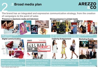 CRM – VIP sales
In-store events – PA
Stylists Fashion Advisors
.2 Broad media plan
2
14
The brand has an integrated and expressive communication strategy, from the creation
of campaigns to the point of sales
Strong presence in printed media
+100 inserts in printed media in 180 pages in 2013 (32 million readers)
Over 1350 exhibition in fashion editorials in 2013
Digital communication
Presence in electronic media and television
Demi Moore
Seasonal showroom in Los Angeles near
the Red Carpet Season
Celebrity Endorsement Marketing Events
(830)k accesses to site/month
(180)k monthly access to Schutz’s Blog)
Average navigation time: 8 minutes
Gisele Bündchen Blake Lively
+200 exhibition on Cable TV
+ 3 million impact
* Source: Indexsocial/ Agência Espalhe, 2013
Over 3 mm followers/ fans: Facebook,
Instagram and Twitter (all 4 Brands)
Arezzo is leader in interactions*
 