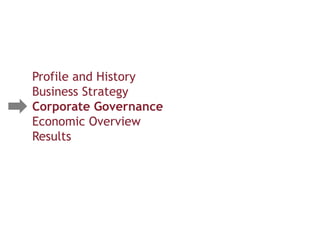 Profile and History
Business Strategy
Corporate Governance
Economic Overview
Results
 