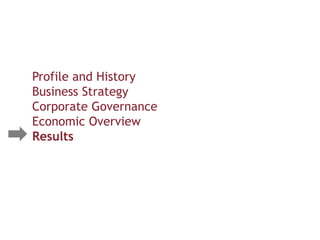 Profile and History
Business Strategy
Corporate Governance
Economic Overview
Results
 