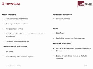 Turnaround
19/36Investor Relations| 4Q17 |
• Transactions less than R$10 million
• Greater penetration in new clients
• New products and services
• New officers dedicated to companies with revenues less than
R$500 million
• Evolved our Investment Banking arm
Credit Production
• Pine Online
• Internet Banking to the Corporate segment
Continuous Bank Digitalization
• Increase in provisions
Portfolio Re-assessment
• Block Trade
• Reached the minimun Free Float requeriment
PINE4
• Election of two independent members to the Board of
Directors
• Election of two technical members to the Audit
Committee
Corporate Governance
 