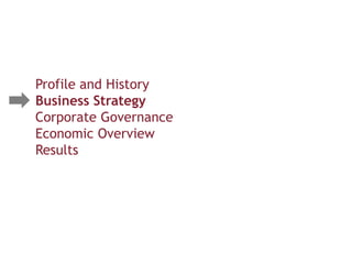 Profile and History
Business Strategy
Corporate Governance
Economic Overview
Results
 