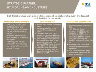 STRATEGIC PARTNER:
   HYUNDAI HEAVY INDUSTRIES


  OSX Shipbuilding Unit under development in partnership with the largest
                          shipbuilder in the world
RATIONALE AND OVERVIEW                   WHY HYUNDAI?                  EFFICIENCY COMPARISON
 10% equity investment in          Proven track record: founded in    Significant upside potential for
  OSX Shipbuilding Unit              1972                                OSX
                                    Largest shipbuilder in the
 State-of-the-art technology                                           - HHI Offshore division
                                     world: 10% market share
 Transfer of know-how and           (2010)                              processes 550,000 tons of
  training                          Delivered more than 1,600           steel/year in 2,500,000 m²
 Accelerate learning curve:         vessels to more than 250 ship      - OSX should process in its
  distill 38 years of experience     owners in 47 countries to date      initial stage 180,000 tons of
                                    One of the leaders in offshore      steel/year and integrate
  into 2 years
                                     equipment fabrication in the        220,000 tons/year in 2,000,000
 Technology and services            world, handling over 100            m²
  contract for shipyard design       turnkey EPIC projects for more     Efficiency gains could drive
  and transfer of know-how for       than 30 oil and gas majors          potential processing capacity
  at least 10 years                 Delivered FPSO’s and fixed
                                                                         expansion
                                     platforms to clients such as
                                     ExxonMobil, Petrobras, Shell,      OSX’s goal is to reach Asian
                                     Chevron and BP                      productivity levels after two
                                                                         years of operation




                                                                                                   10
 