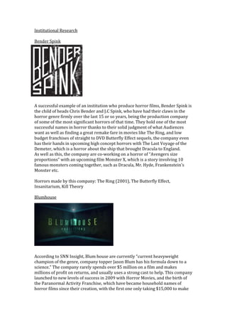 Institutional Research
Bender Spink

A successful example of an institution who produce horror films, Bender Spink is
the child of heads Chris Bender and J.C Spink, who have had their claws in the
horror genre firmly over the last 15 or so years, being the production company
of some of the most significant horrors of that time. They hold one of the most
successful names in horror thanks to their solid judgment of what Audiences
want as well as finding a great remake fare in movies like The Ring, and low
budget franchises of straight to DVD Butterfly Effect sequels, the company even
has their hands in upcoming high concept horrors with The Last Voyage of the
Demeter, which is a horror about the ship that brought Dracula to England.
As well as this, the company are co-working on a horror of “Avengers size
proportions” with an upcoming film Monster X, which is a story involving 10
famous monsters coming together, such as Dracula, Mr. Hyde, Frankenstein’s
Monster etc.
Horrors made by this company: The Ring (2001), The Butterfly Effect,
Insanitarium, Kill Theory
Blumhouse

According to SNN Insight, Blum house are currently “current heavyweight
champion of the genre, company topper Jason Blum has his formula down to a
science.” The company rarely spends over $5 million on a film and makes
millions of profit on returns, and usually uses a strong cast to help. This company
launched to new levels of success in 2009 with Horror Movies, and the birth of
the Paranormal Activity Franchise, which have became household names of
horror films since their creation, with the first one only taking $15,000 to make

 