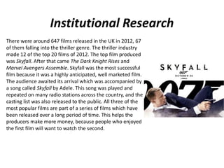 Institutional Research
There were around 647 films released in the UK in 2012, 67
of them falling into the thriller genre. The thriller industry
made 12 of the top 20 films of 2012. The top film produced
was Skyfall. After that came The Dark Knight Rises and
Marvel Avengers Assemble. Skyfall was the most successful
film because it was a highly anticipated, well marketed film.
The audience awaited its arrival which was accompanied by
a song called Skyfall by Adele. This song was played and
repeated on many radio stations across the country, and the
casting list was also released to the public. All three of the
most popular films are part of a series of films which have
been released over a long period of time. This helps the
producers make more money, because people who enjoyed
the first film will want to watch the second.

 