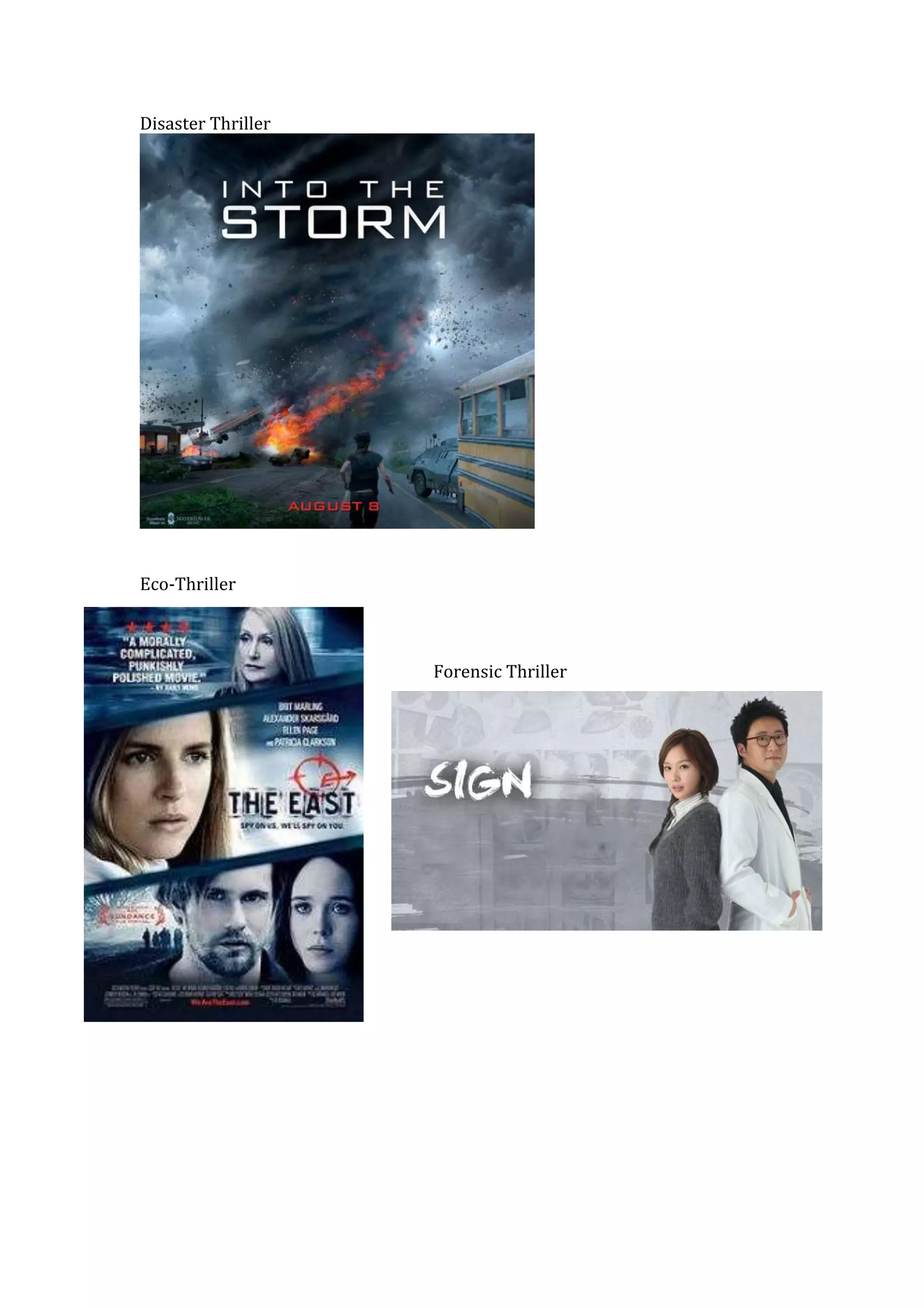 Disaster Thriller 
Eco-Thriller 
Forensic Thriller 
 