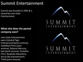 Lions Gate Entertainment
owns Celestial Tiger
Entertainment(joint venture),
CodeBlack Films (joint
venture), Debmar-Mercury,
Epix (joint venture), Pantelion
Films, Roadside Attractions,
Sea to Sky Entertainment,
TVGN (joint venture)
Summit was founded in 1991 & is
owned by Lions Gate
Entertainment.
Summit Entertainment
What else does the parent
company own?
 