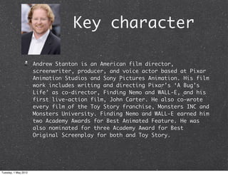 Key character

                      Andrew Stanton is an American film director,
                      screenwriter, producer, and voice actor based at Pixar
                      Animation Studios and Sony Pictures Animation. His film
                      work includes writing and directing Pixar’s ‘A Bug’s
                      Life’ as co-director, Finding Nemo and WALL-E, and his
                      first live-action film, John Carter. He also co-wrote
                      every film of the Toy Story franchise, Monsters INC and
                      Monsters University. Finding Nemo and WALL-E earned him
                      two Academy Awards for Best Animated Feature. He was
                      also nominated for three Academy Award for Best
                      Original Screenplay for both and Toy Story.




Tuesday, 1 May 2012
 