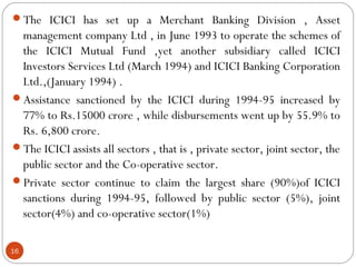 The ICICI has set up a Merchant Banking Division , Asset 
management company Ltd , in June 1993 to operate the schemes of 
the ICICI Mutual Fund ,yet another subsidiary called ICICI 
Investors Services Ltd (March 1994) and ICICI Banking Corporation 
Ltd.,(January 1994) . 
Assistance sanctioned by the ICICI during 1994-95 increased by 
77% to Rs.15000 crore , while disbursements went up by 55.9% to 
Rs. 6,800 crore. 
The ICICI assists all sectors , that is , private sector, joint sector, the 
public sector and the Co-operative sector. 
Private sector continue to claim the largest share (90%)of ICICI 
sanctions during 1994-95, followed by public sector (5%), joint 
sector(4%) and co-operative sector(1%) 
16 
 