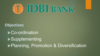 Objectives
Co-ordination
Supplementing
Planning, Promotion & Diversification
 