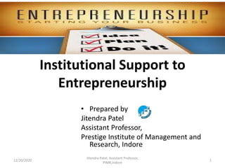 Institutional Support to
Entrepreneurship
• Prepared by
Jitendra Patel
Assistant Professor,
Prestige Institute of Management and
Research, Indore
12/20/2020 1
Jitendra Patel, Assistant Professor,
PIMR,Indore
 