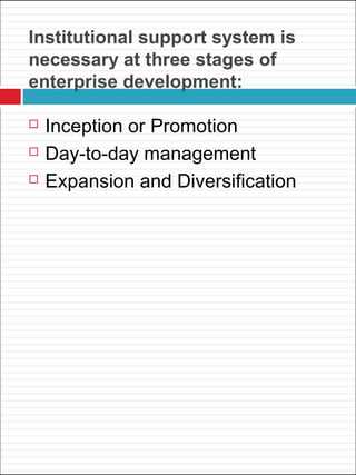 Institutional support system is
necessary at three stages of
enterprise development:
 Inception or Promotion
 Day-to-day management
 Expansion and Diversification
 