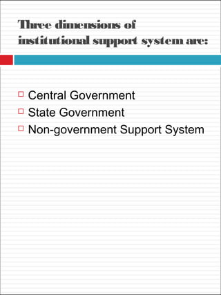 Three dimensions of
institutional support systemare:
 Central Government
 State Government
 Non-government Support System
 